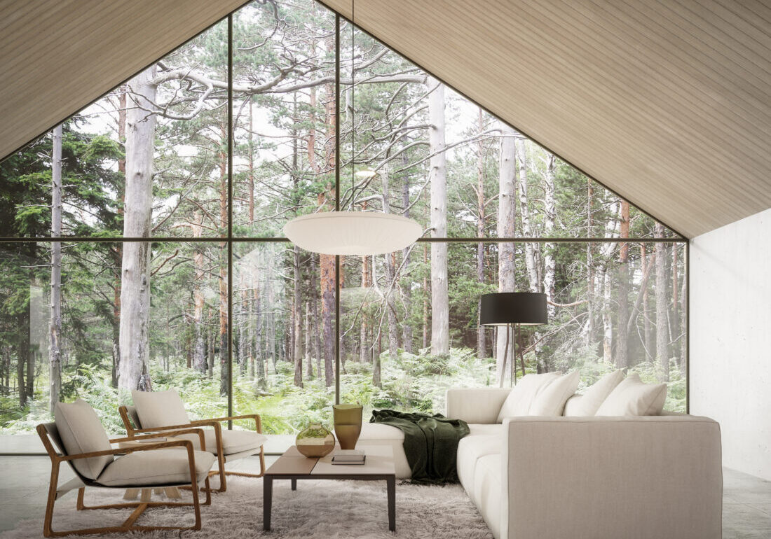 Modern home living room with beautiful forest view. Contemporary interior design. 3D Rendering, 3D Illustration