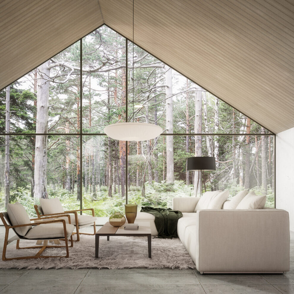 Modern home living room with beautiful forest view. Contemporary interior design. 3D Rendering, 3D Illustration